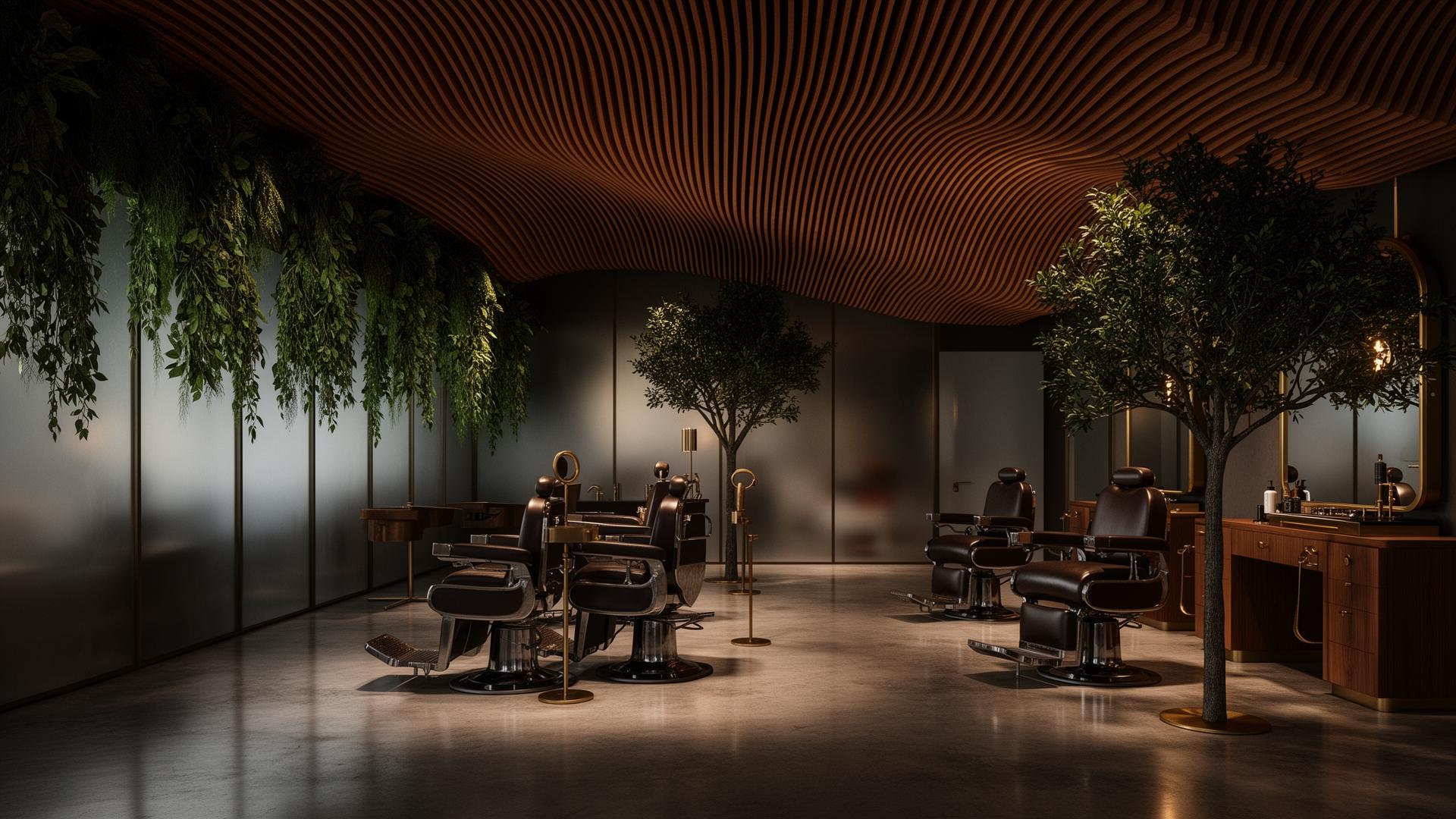 Elite studio interior — curved wood, hanging greenery, dark leather chairs
