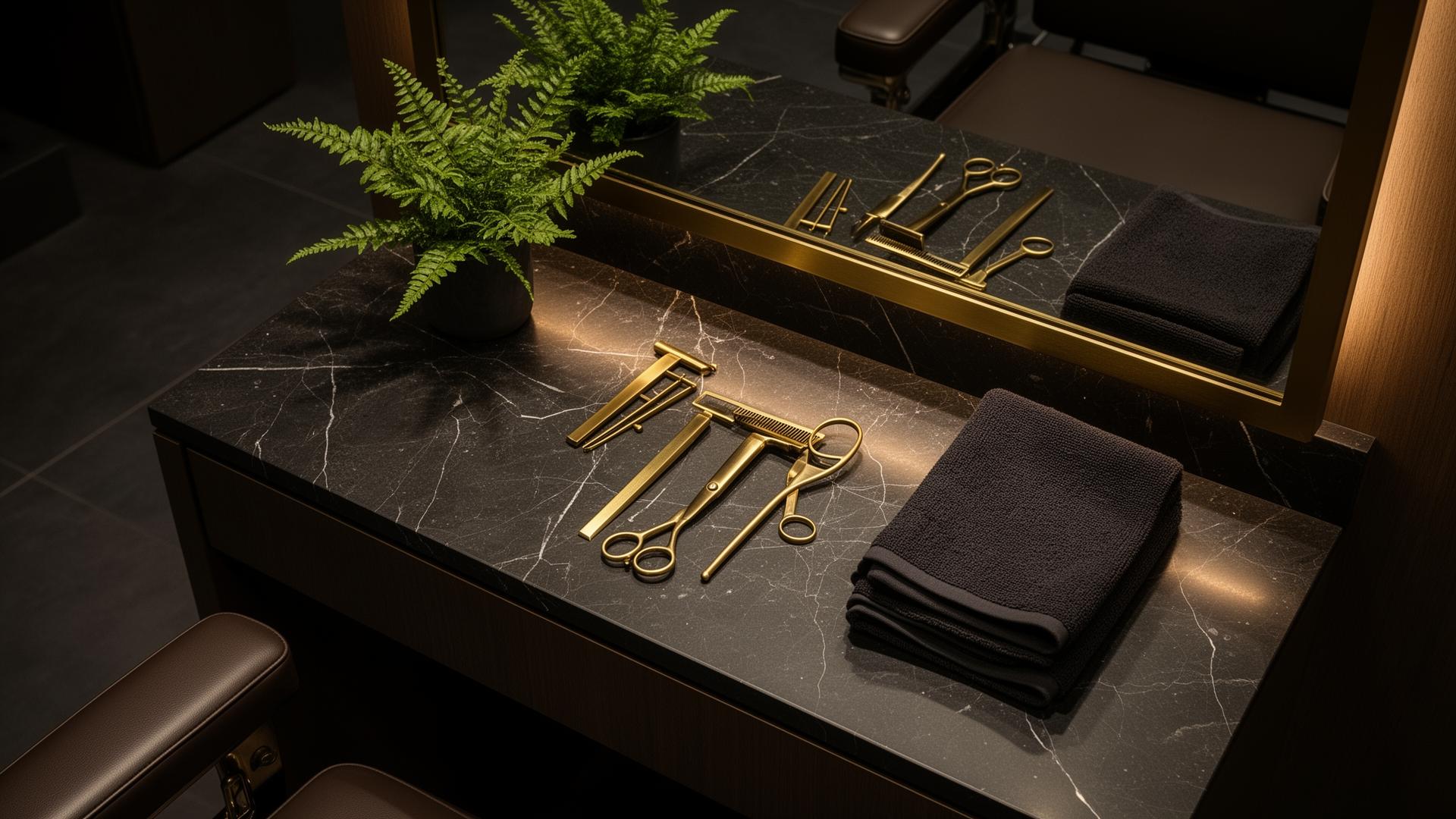 Dark marble station with brass tools